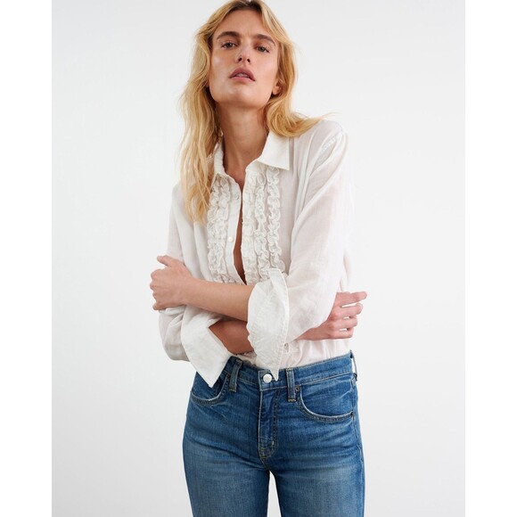 Nili Lotan Nathael Shirt Tunic Top Buttondown Ruffle Cotton Ivory XS NEW 283654 - Picture 5 of 11